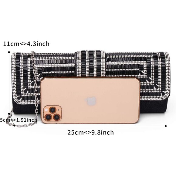 Womens Black Crystal Sparkly Evening Clutch Purse with Rhinestones Wedding - Picture 3 of 6